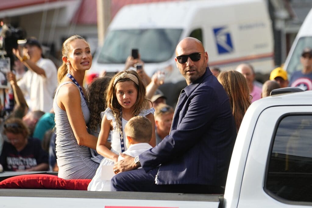 Jul 26, 2025; Cooperstown, NY, USA; Hall of Famer Derek Jeter arrives at the National Baseball Hall of Fame during the Parade of Legends in Coopestown, NY.. Mandatory Credit: Gregory Fisher-Imagn Images