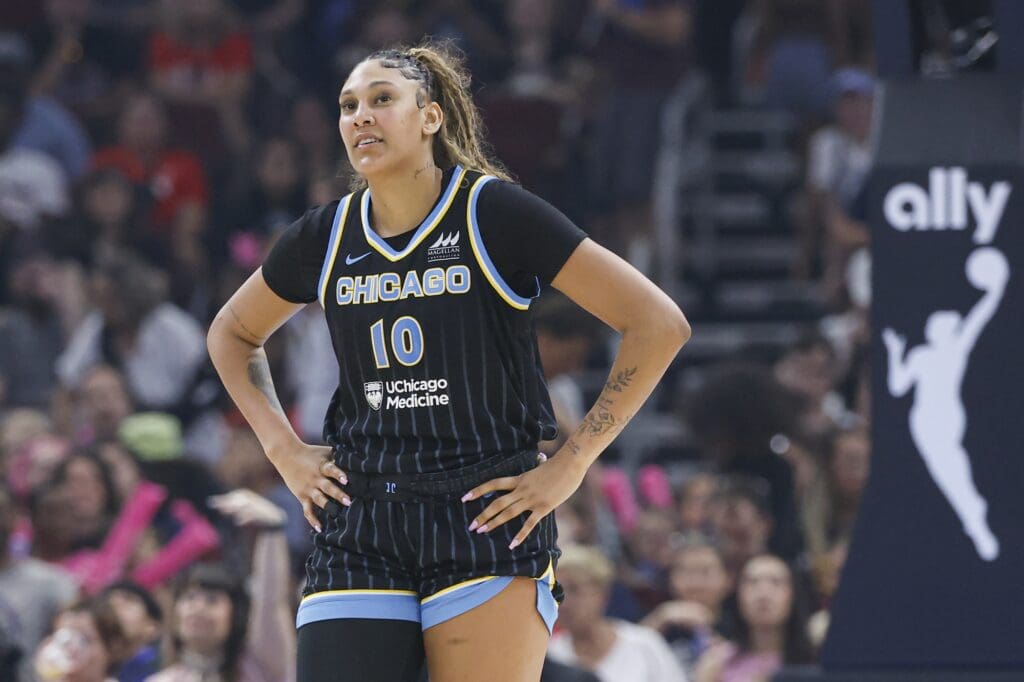 Jul 27, 2025; Chicago, Illinois, USA; Chicago Sky center Kamilla Cardoso (10) looks on during the second half of a basketball game against the Indiana Fever at United Center. Mandatory Credit: Kamil Krzaczynski-Imagn Images