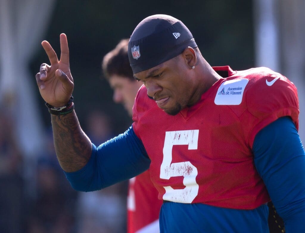 Indianapolis Colts’ quarterback Anthony Richardson (#5) waves to the fans during Colts Camp at Grand Park Sports Campus, Tuesday, July 29, 2025 in Westfield.