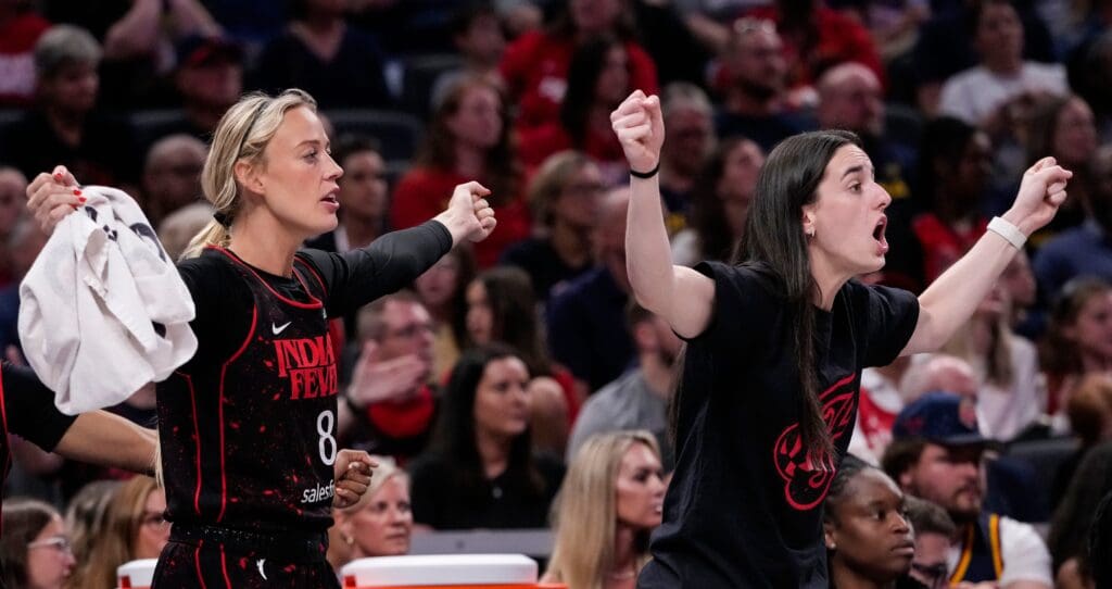 Indiana Fever guard Sophie Cunningham (8) reacts to a call from he referee with Indiana Fever guard Caitlin Clark (22) on Wednesday, July 30, 2025, during the game at Gainbridge Fieldhouse in Indianapolis. The Indiana Fever defeated the Phoenix Mercury, 107-101.