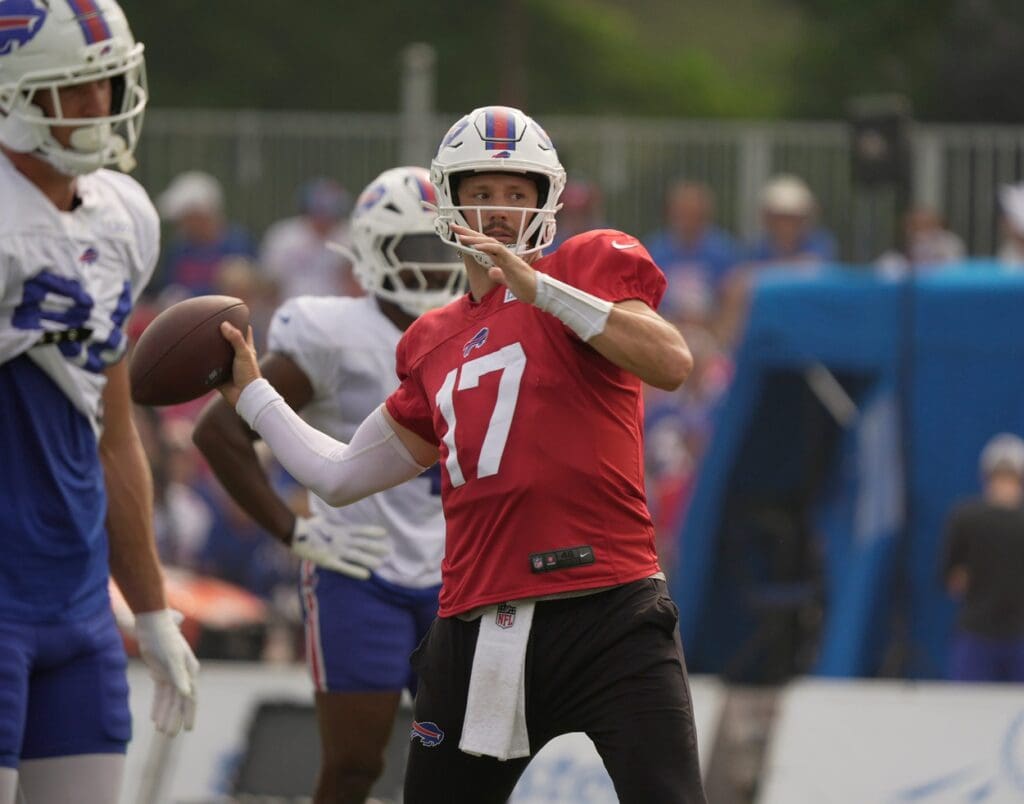 Buffalo Bills quarterback Josh Allen throws a pass to a tight end during Bills Training Camp at St. John Fisher University in Pittsford on Aug.6, 2025.