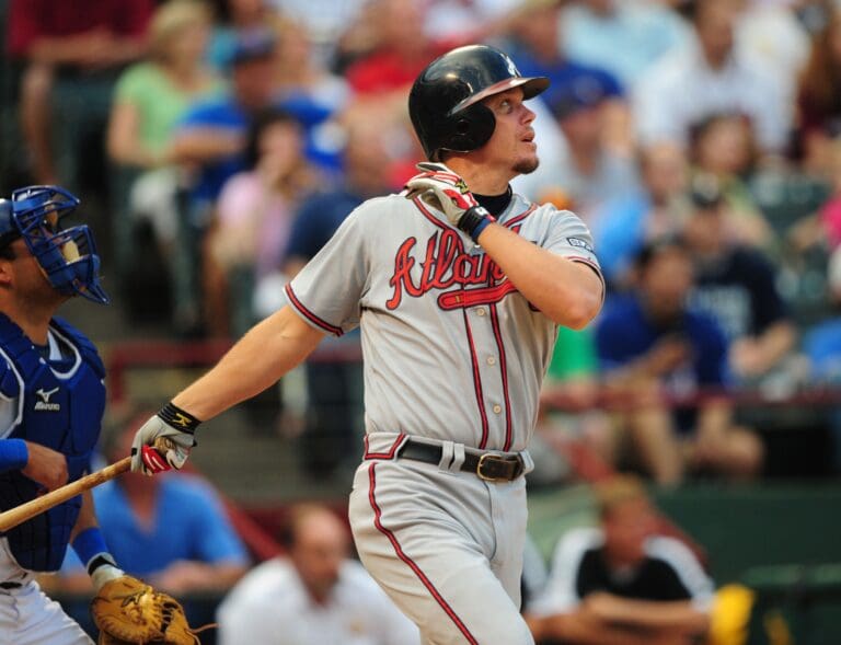Jun. 17, 2008; Arlington, TX, USA; Atlanta Braves designated hitter Chipper Jones pops out in the fourth inning against the Texas Rangers at the Rangers Ballpark. Mandatory Credit: Mark J. Rebilas-USA TODAY Sports