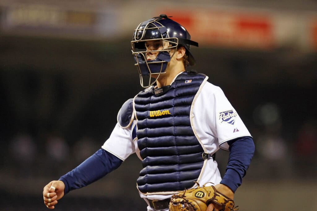 June 10, 2008; San Diego, CA, USA; San Diego Padres catcher Michael Barrett (8) walks back to home plate in a game against the Los Angeles Dodgers at Petco Park. The Dodgers beat the Padres 7-2. Mandatory Credit: Jody Gomez-USA TODAY Sports
