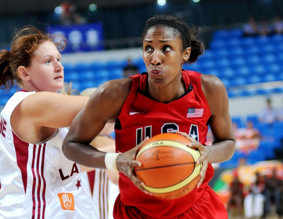 Aug 3, 2008; Haining, CHINA; USA center Lisa Leslie (right) against Latvia in a friendly match prior to the coming Olympic games. USA defeated Latvia 84-74. Mandatory Credit: CSPA via USA TODAY Sports