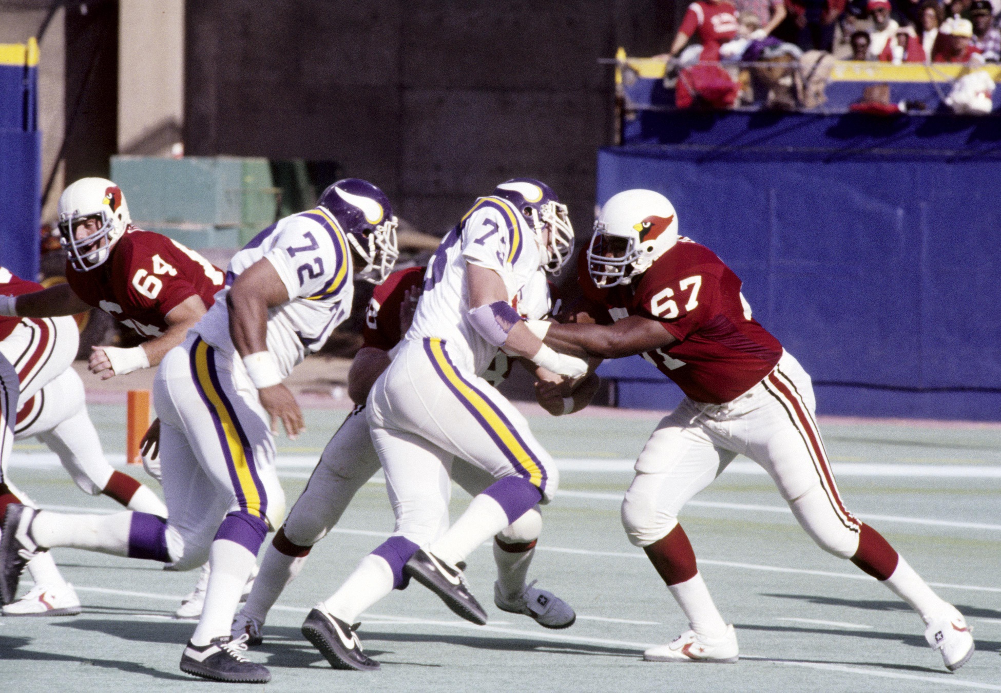 Oct 30, 1983; St. Louis, MO, USA; FILE PHOTO; St. Louis Cardinals tackle Luis Sharpe (67) in action against the Minnesota Vikings at Busch Stadium. The Cardinals defeated the Vikings 41-31. Mandatory Credit: Herb Weitman-USA TODAY Sports