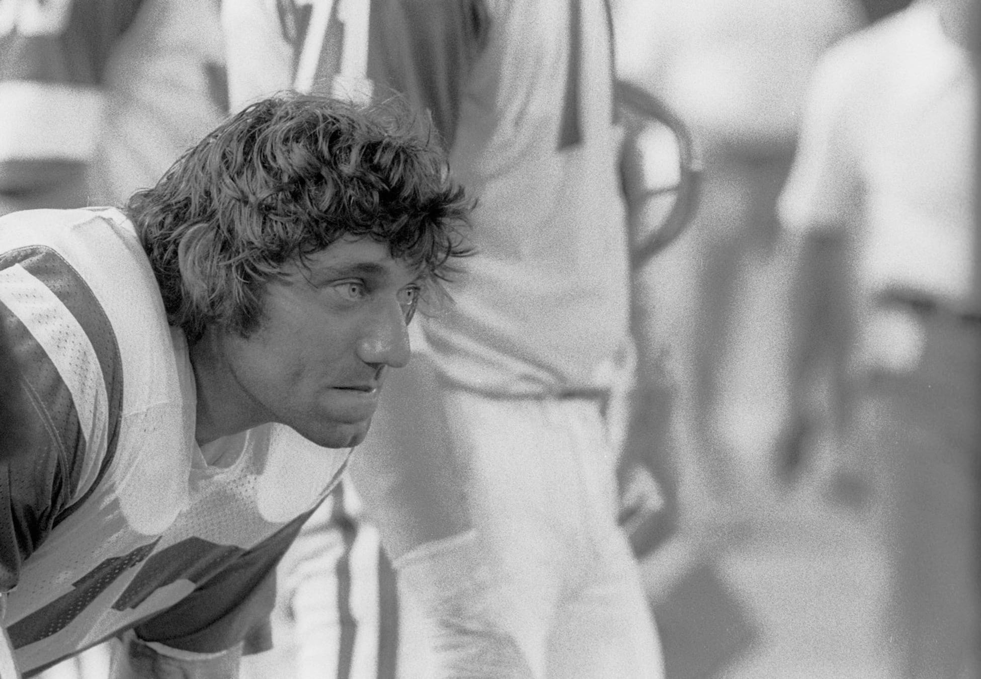 Aug 23, 1974; St. Louis, MO, USA; FILE PHOTO; New York Jets quarterback Joe Namath (12) on the sideline against the St. Louis Cardinals at Busch Stadium in the 1974 pre-season. Mandatory Credit: Herb Weitman-USA TODAY Sports