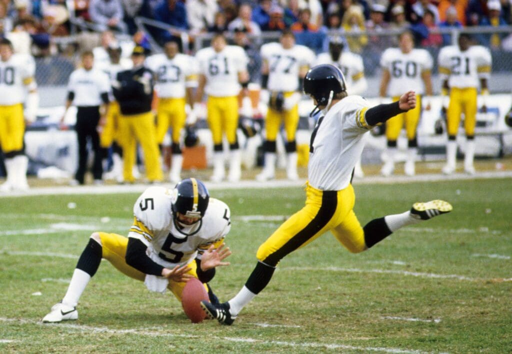 Dec 30, 1984; San Diego, CA, USA; FILE PHOTO; Pittsburgh Steelers kicker Gary Anderson kicks a field goal against the Denver Broncos during the 1984 AFC Divisional Playoff Game at Mile High Stadium. The Steelers defeated the Broncos 24-17. Mandatory Credit: MPS-USA TODAY Sports