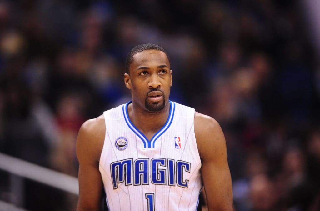 Feb. 11, 2011; Orlando, FL, USA; Orlando Magic guard (1) Gilbert Arenas against the New Orleans Hornets at the Amway Center. The Hornets defeated the Magic 99-93. Mandatory Credit: Mark J. Rebilas-USA TODAY Sports