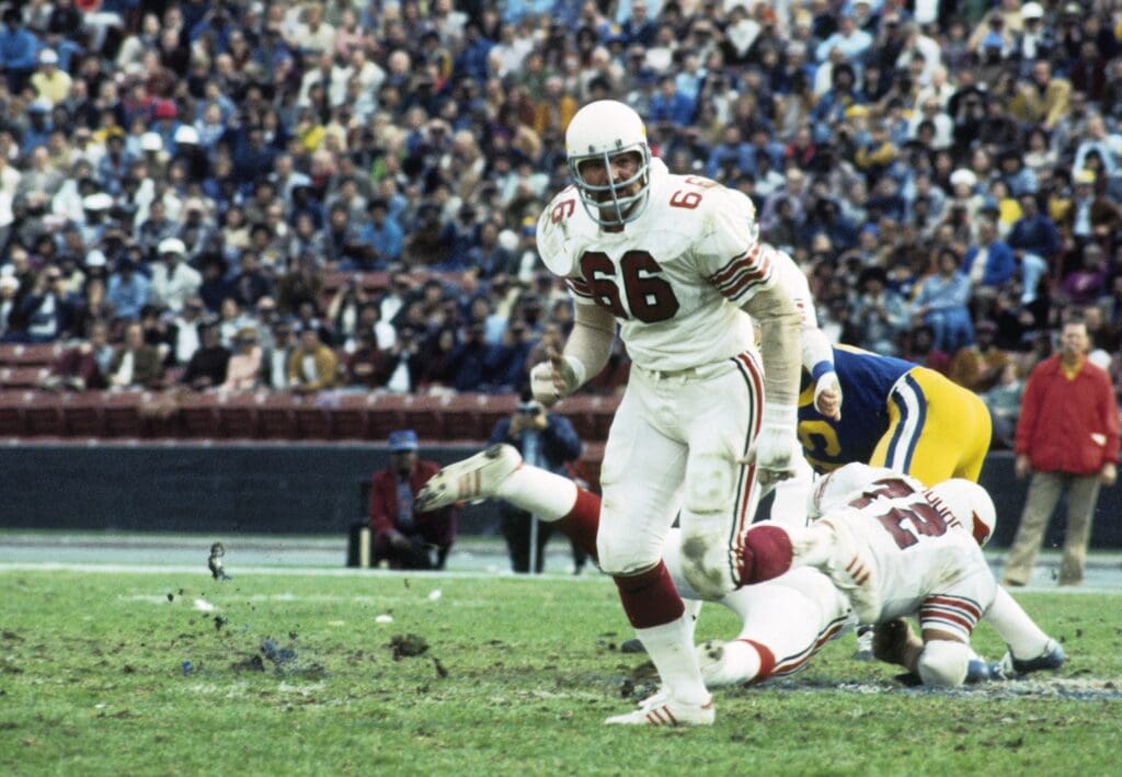 Dec 27, 1975; Los Angeles, CA, USA; FILE PHOTO; St. Louis Cardinals guard Conrad Dobler (66) in action against the Los Angeles Rams during the NFC Divisional Playoff Game at Los Angeles Memorial Coliseum. The Rams won 35-23. Mandatory Credit: Herb Weitman-USA TODAY Sports