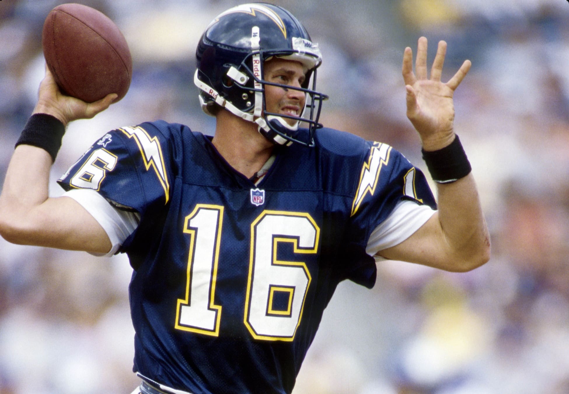 Oct 25, 1998; San Diego, CA, USA; FILE PHOTO; San Diego Chargers quarterback Ryan Leaf (16) in action against the Seattle Seahawks at Jack Murphy Stadium. Mandatory Credit: Peter Brouillet-USA TODAY Sports