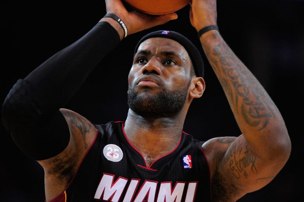January 16, 2013; Oakland, CA, USA; Miami Heat small forward LeBron James (6) shoots a free throw during the first quarter against the Golden State Warriors at Oracle Arena. The Heat defeated the Warriors 92-75. Mandatory Credit: Kyle Terada-USA TODAY Sports
