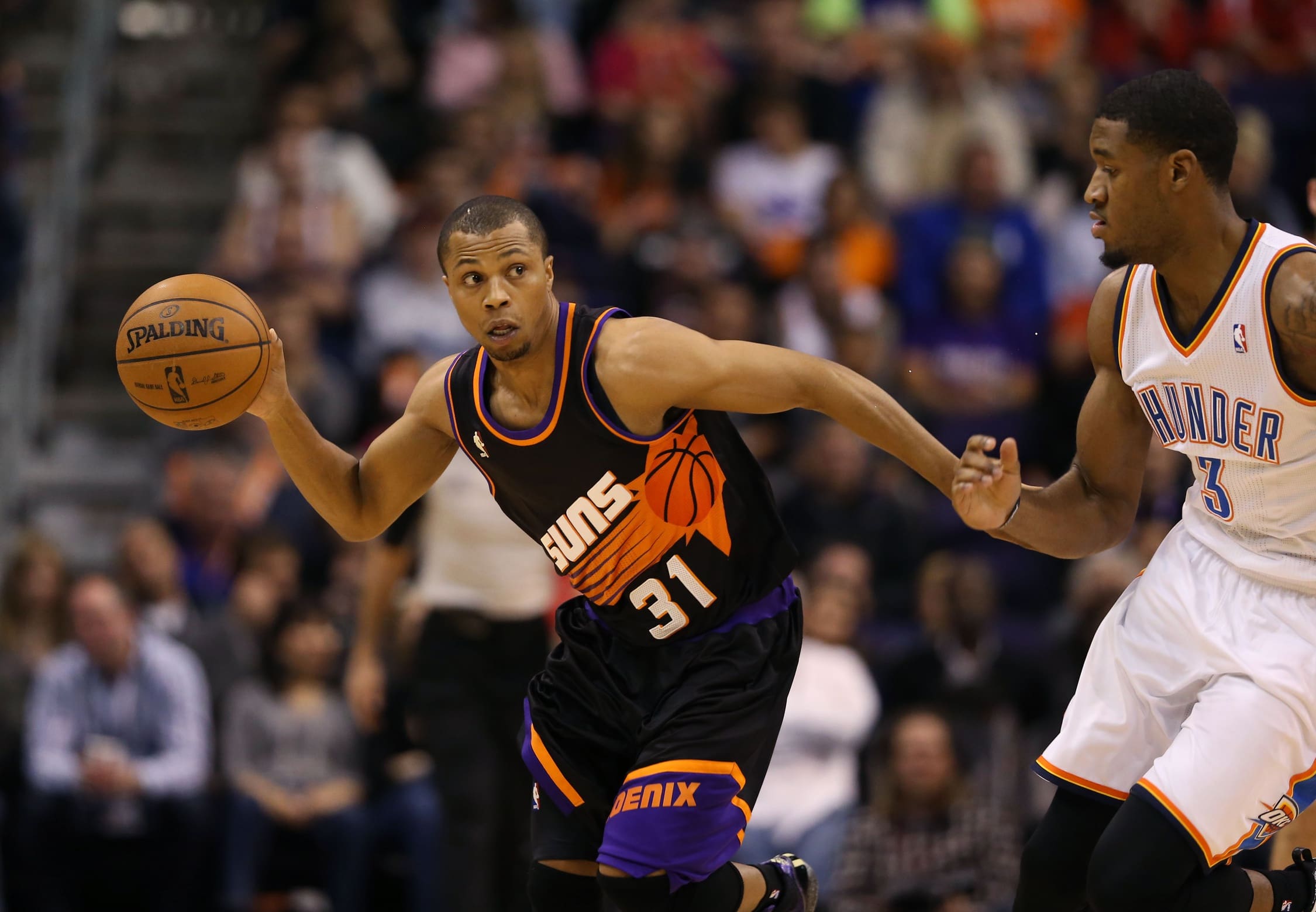 Feb. 10, 2013; Phoenix, AZ, USA: Phoenix Suns point guard Sebastian Telfair against the Oklahoma City Thunder at the US Airways Center. Mandatory Credit: Mark J. Rebilas-USA TODAY Sports