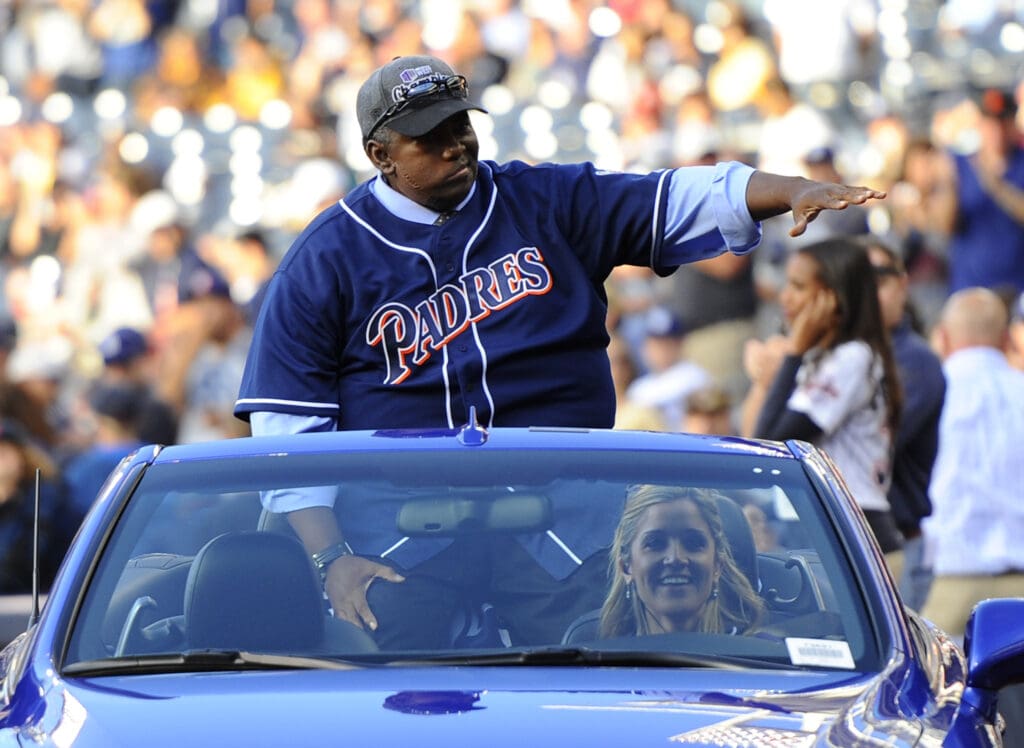 June 14, 2013; San Diego, CA, USA; Former San Diego Padres outfielder Tony Gwynn waives during a pre game ceremony to honor the members of the 1998 National League Championship team before a game against the Arizona Diamondbacks at Petco Park. Mandatory Credit: Christopher Hanewinckel-USA TODAY Sports