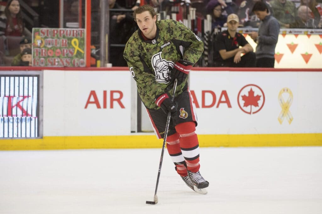 Nov 3, 2013; Ottawa, Ontario, CAN; Ottawa Senators right wing Bobby Clark (6) dons a camouflage jersey in support of the Canadian Forces appreciation day during warmup prior to game against the Dallas Stars at Canadian Tire Centre. Mandatory Credit: Marc DesRosiers-USA TODAY Sports