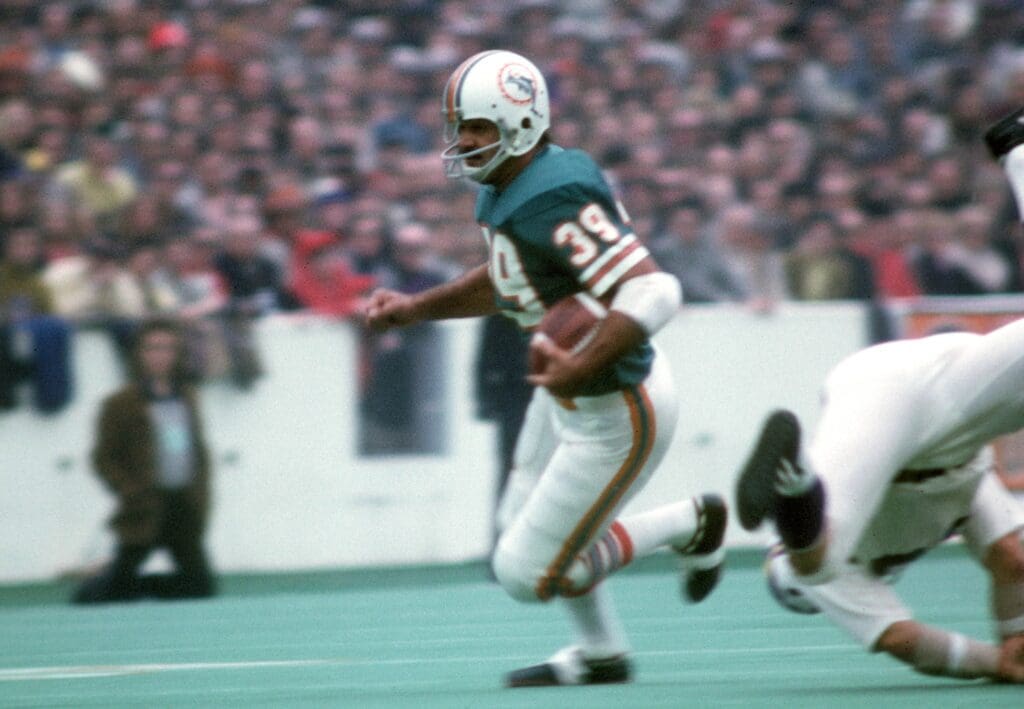 Jan 13, 1974; Houston, TX, USA; FILE PHOTO; Miami Dolphins running back Larry Csonka (39) in action against the Minnesota Vikings during Super Bowl VIII at Rice Stadium. Miami defeated Minnesota 24-7. Mandatory Credit: Dick Raphael-USA TODAY Sports