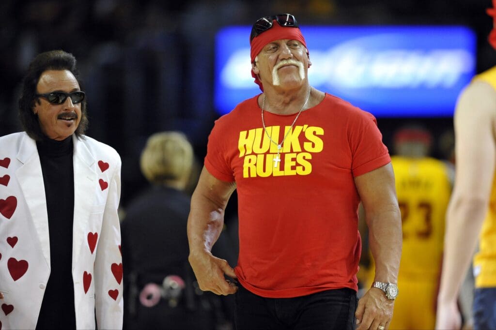 Nov 19, 2014; Cleveland, OH, USA; Professional wrestler Hulk Hogan stands on the court before a game between the Cleveland Cavaliers and the San Antonio Spurs at Quicken Loans Arena. Mandatory Credit: David Richard-USA TODAY Sports