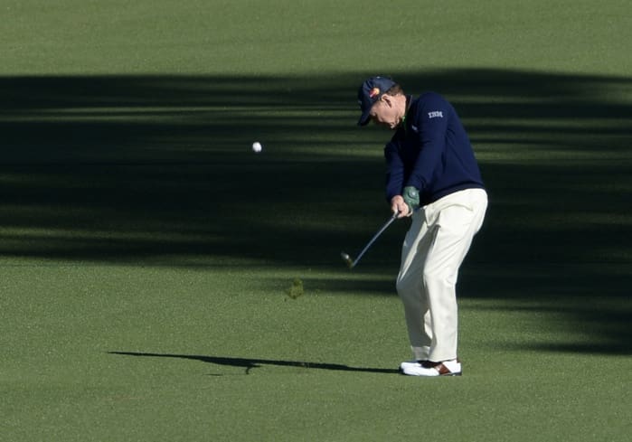 Apr 7, 2016; Augusta, GA, USA; Tom Watson plays a shot from the 2nd fairway during the first round of the 2016 The Masters golf tournament at Augusta National Golf Club. Mandatory Credit: Michael Madrid-USA TODAY Sports