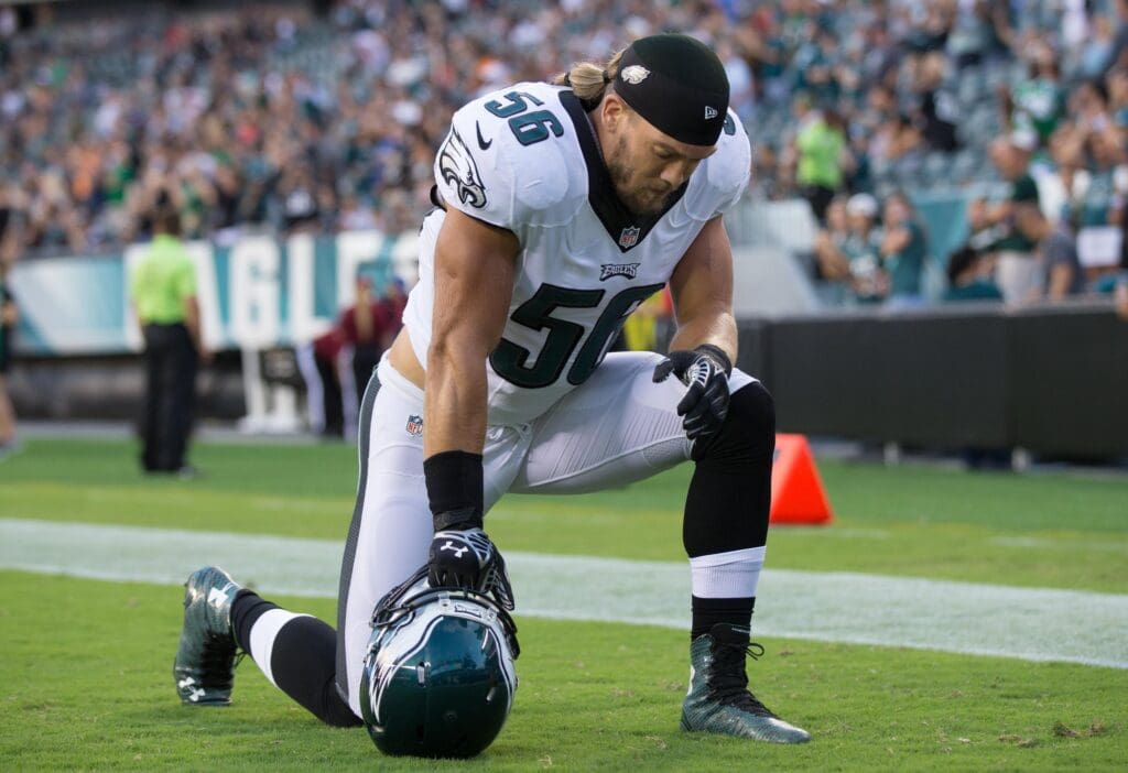 Sep 1, 2016; Philadelphia, PA, USA; Philadelphia Eagles linebacker Bryan Braman (56) prior to action against the New York Jets at Lincoln Financial Field. Mandatory Credit: Bill Streicher-USA TODAY Sports