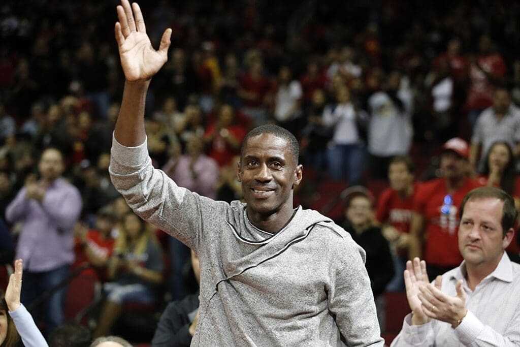 Nov 19, 2016; Houston, TX, USA; Former Houston Rockets Vernon Maxwell waves to the fans before the start of the fourth quarter of the game between the Rockets vs Utah Jazz at Toyota Center. Rockets won 111-102. Mandatory Credit: Thomas B. Shea-USA TODAY Sports