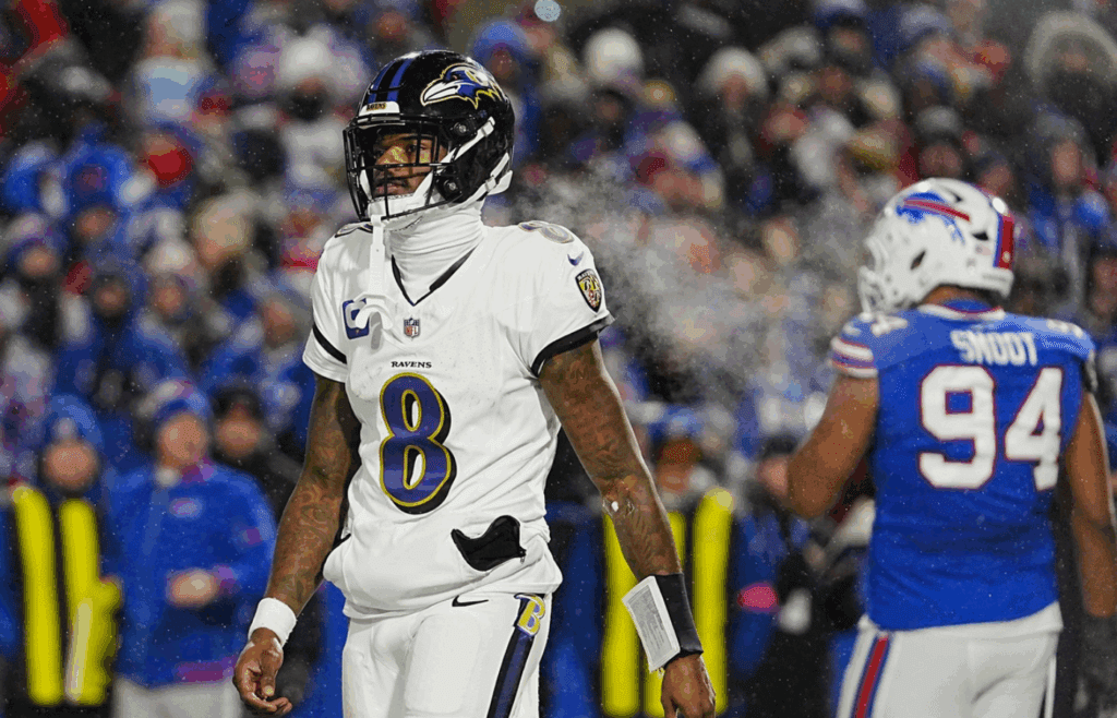 Baltimore Ravens quarterback Lamar Jackson reacts to not getting the two-point conversion attempt during second half action at the Buffalo Bills divisional game against the Baltimore Ravens at Highmark Stadium in Orchard Park on Jan. 19, 2025.