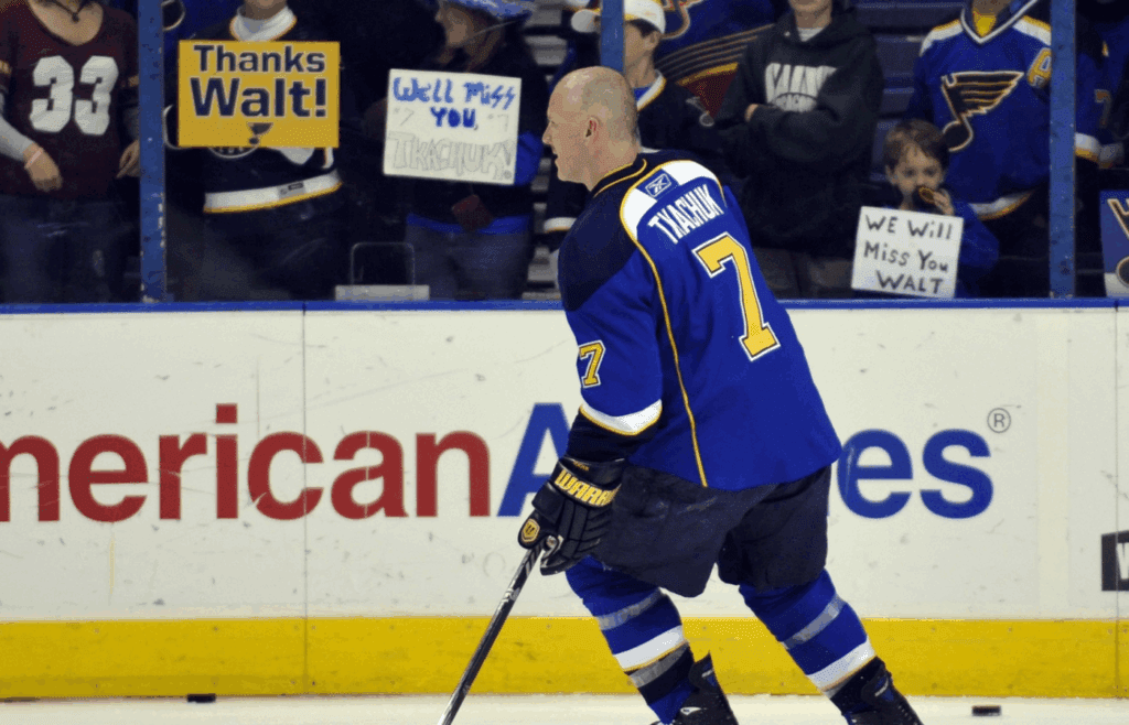 April 9, 2010; St. Louis, MO, USA; Fans cheer on St. Louis Blues left wing Keith Tkachuk (7) before the game against the Anaheim Ducks at the Scottrade Center. Tkachuk has announced that he will retire at the end of the season. Mandatory Credit: Scott Rovak-Imagn Images
