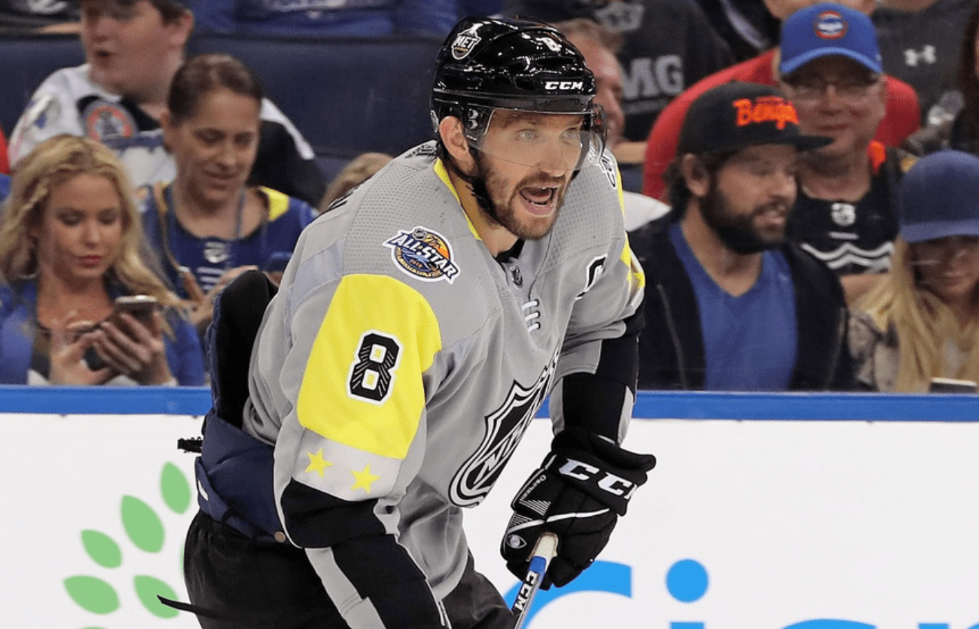 Jan 28, 2018; Tampa, FL, USA; Metropolitan Division forward Alexander Ovechkin (8) of the Washington Capitals skates with the puck against the Atlantic Division All-Stars during the 2018 NHL All Star Game at Amalie Arena. Mandatory Credit: Kim Klement-Imagn Images
