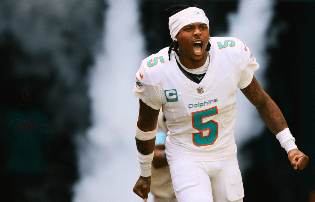 Sep 8, 2024; Miami Gardens, Florida, USA; Miami Dolphins cornerback Jalen Ramsey (5) runs onto the field before the game against the Jacksonville Jaguars at Hard Rock Stadium. Mandatory Credit: Sam Navarro-Imagn Images