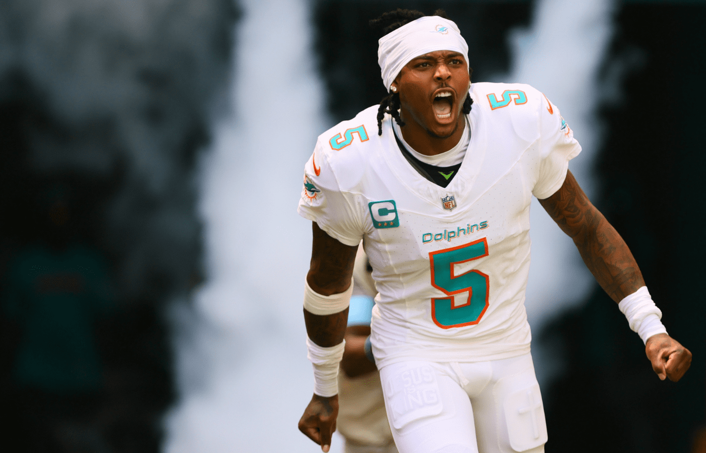 Sep 8, 2024; Miami Gardens, Florida, USA; Miami Dolphins cornerback Jalen Ramsey (5) runs onto the field before the game against the Jacksonville Jaguars at Hard Rock Stadium. Mandatory Credit: Sam Navarro-Imagn Images
