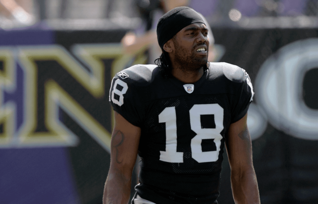 Sep 17, 2006; Baltimore, MD, USA; Oakland Raiders wide receiver Randy Moss (18) warms up against the Baltimore Ravens at M&T Bank Stadium. Credit: Lou Capozzola-USA TODAY NETWORK