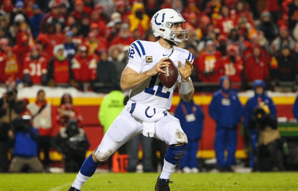 Jan 12, 2019; Kansas City, MO, USA; Indianapolis Colts quarterback Andrew Luck (12) drops back to pass against the Kansas City Chiefs in an AFC Divisional playoff football game at Arrowhead Stadium. Mandatory Credit: Jay Biggerstaff-Imagn Images