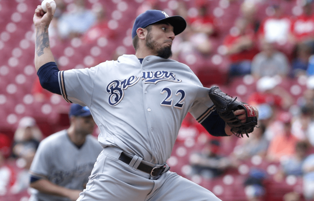 Sep 6, 2017; Cincinnati, OH, USA; Milwaukee Brewers starting pitcher Matt Garza throws against the Cincinnati Reds during the first inning at Great American Ball Park. Mandatory Credit: David Kohl-Imagn Images