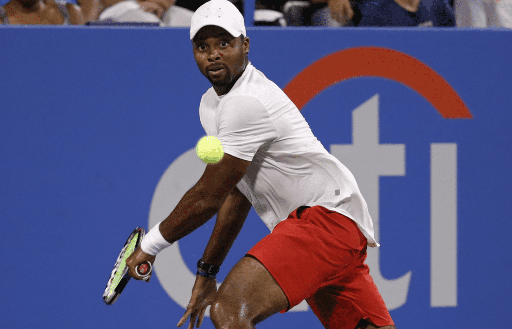 Jul 31, 2017; Washington, DC, USA; Donald Young of the United States hits a backhand against Tim Smyczek of the United States (not pictured) on day one of the Citi Open at Fitzgerald Tennis Center. Mandatory Credit: Geoff Burke-Imagn Images