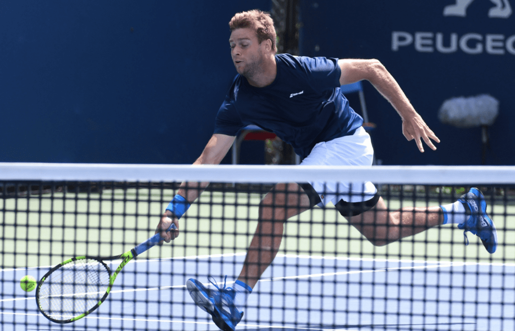 Aug 7, 2018; Toronto, Ontario, Canada; Ryan Harrison of the USA plays a shot against Mackenzie McDonald of the USA (not shown) in the Rogers Cup tennis tournament at Aviva Centre. Mandatory Credit: Dan Hamilton-Imagn Images