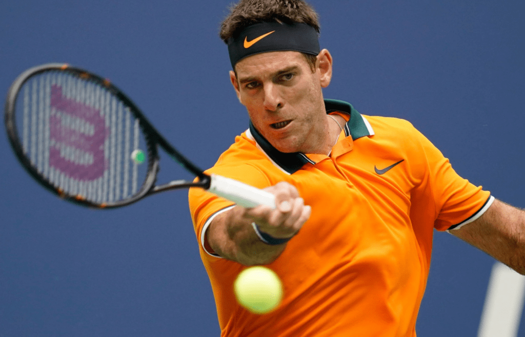 Sept 7 2018; New York, NY, USA; Juan Martin del Potro of Argentina hits to Rafael Nadal of Spain in a men's semi-final match on day twelve of the 2018 U.S. Open tennis tournament at USTA Billie Jean King National Tennis Center. Mandatory Credit: Robert Deutsch-Imagn Images