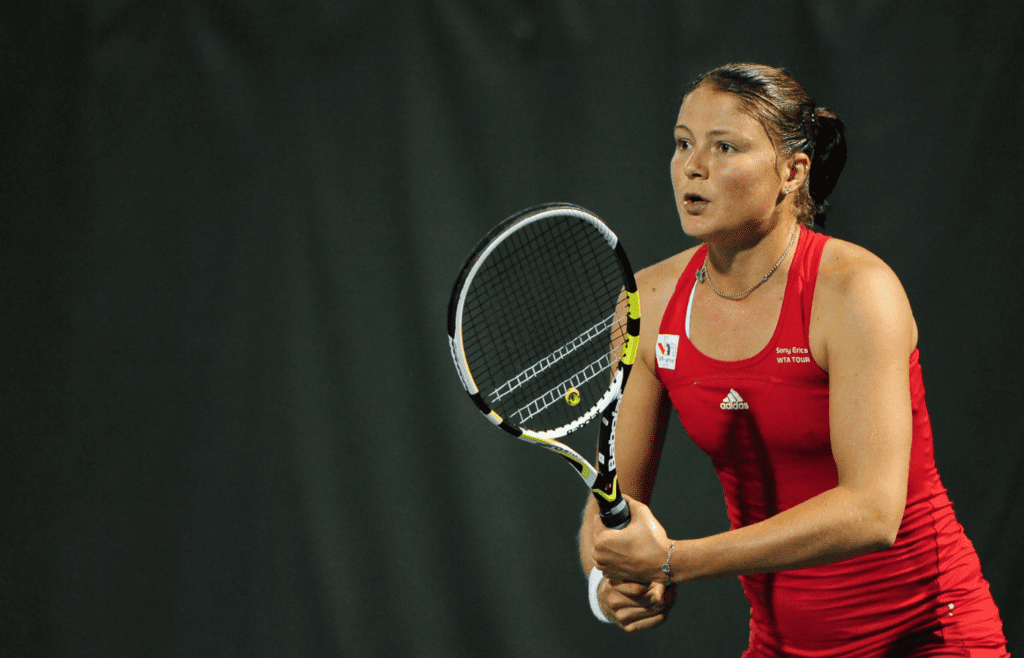 July 26, 2010; Stanford, CA, USA; Dinara Safina (RUS) waits for a serve from Kimiko Date Krumm (JPN), not pictured, in the first round play during the Bank of the West Classic women's tennis tournament at the Taube Family Tennis Stadium. Date Krumm defeated Safina 4-6, 7-6 (0), 6-2. Mandatory Credit: Kyle Terada-Imagn Images