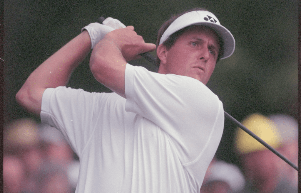 04/07/1999; Augusta, Georgia USA; Phil Mickelson watches the ball in flight after his swing at the Augusta National Golf Course during the 1999 Masters. Mandatory Credit: File Photo -The Augusta Chronicle via USA TODAY NETWORK