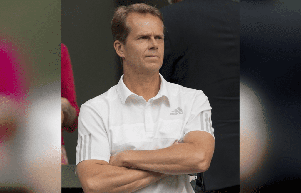 Jul 2, 2014; London, United Kingdom; Stefan Edberg (SWE) in attendance for the match between Roger Federer (SUI) and Stan Wawrinka (SUI) on day nine of the 2014 Wimbledon Championships at the All England Lawn and Tennis Club. Mandatory Credit: Susan Mullane-Imagn Images