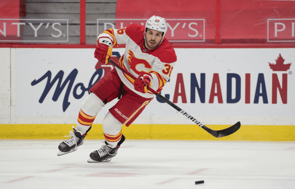 Mar 24, 2021; Ottawa, Ontario, CAN; Calgary Flames center Zac Rinaldo (36) moves the puck during the second period against the Ottawa Senators at the Canadian Tire Centre. Mandatory Credit: Marc DesRosiers-Imagn Images