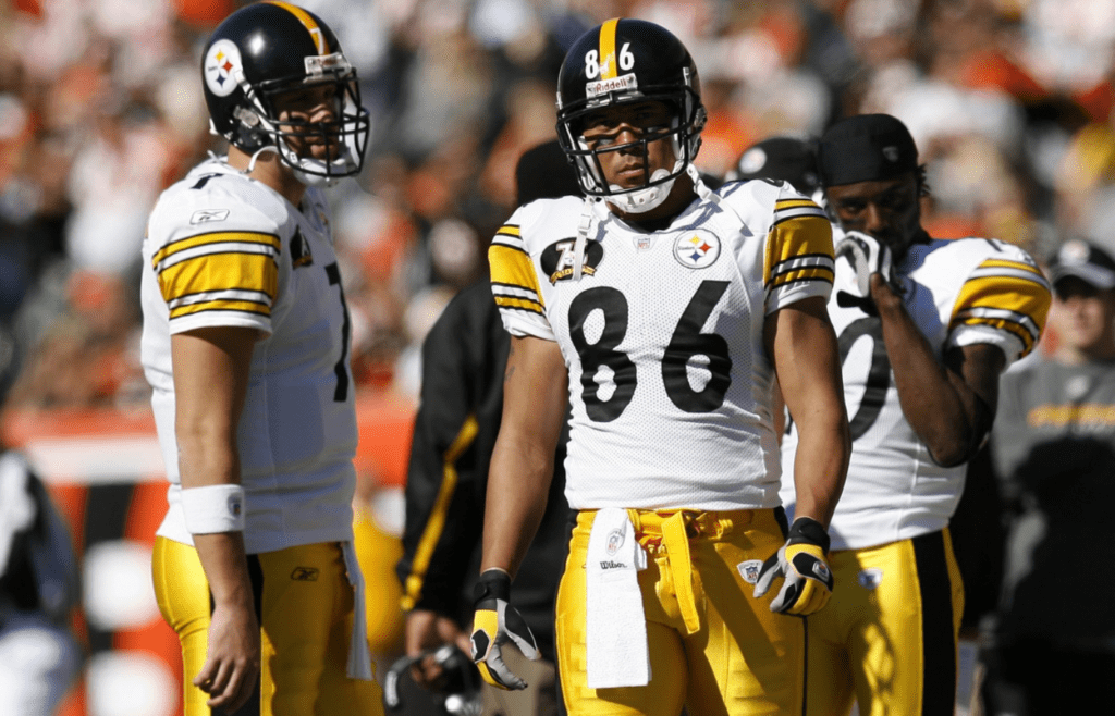 Pittsburgh Steelers quarterback (7) Ben Roethlisberger and wide receiver (86) Hines Ward wait during a time out against the Cincinnati Bengals at Paul Brown Stadium. The Steelers won 24-13.