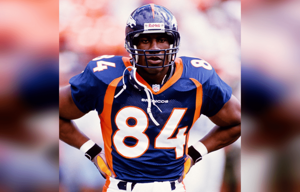 Sep 13, 1998; Denver, CO, USA; FILE PHOTO; Denver Broncos tight end Shannon Sharpe (84) on the field prior to a game against the Dallas Cowboys at Mile High Stadium. Mandatory Credit: Peter Brouillet-USA TODAY NETWORK