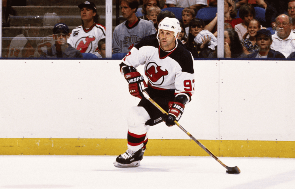 Sep 20, 1997; East Rutherford, NJ, USA; FILE PHOTO; New Jersey Devils center Doug Gilmour (93) in action against the New York Rangers at Continental Airlines Arena. Mandatory Credit: Lou Capozzola-USA TODAY NETWORK