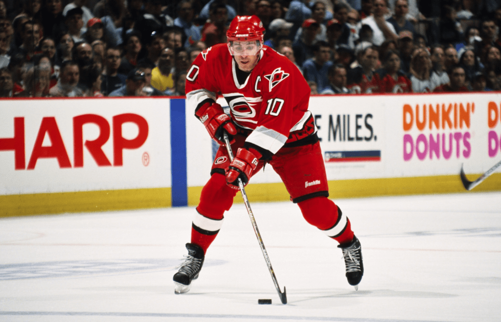 Apr 15, 2001; East Rutherford, NJ, USA; FILE PHOTO; Carolina Hurricanes center Ron Francis (10) in action against the New Jersey Devils during the conference quarterfinals at Continental Airlines Arena. Mandatory Credit: Lou Capozzola-USA TODAY NETWORK