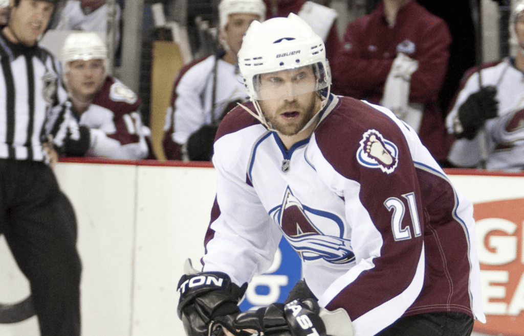 February 11, 2011; Columbus, OH, USA; Colorado Avalanche center Peter Forsberg (21) looks for open ice against the Columbus Blue Jackets at Nationwide Arena. Mandatory Credit: Greg Bartram-Imagn Images