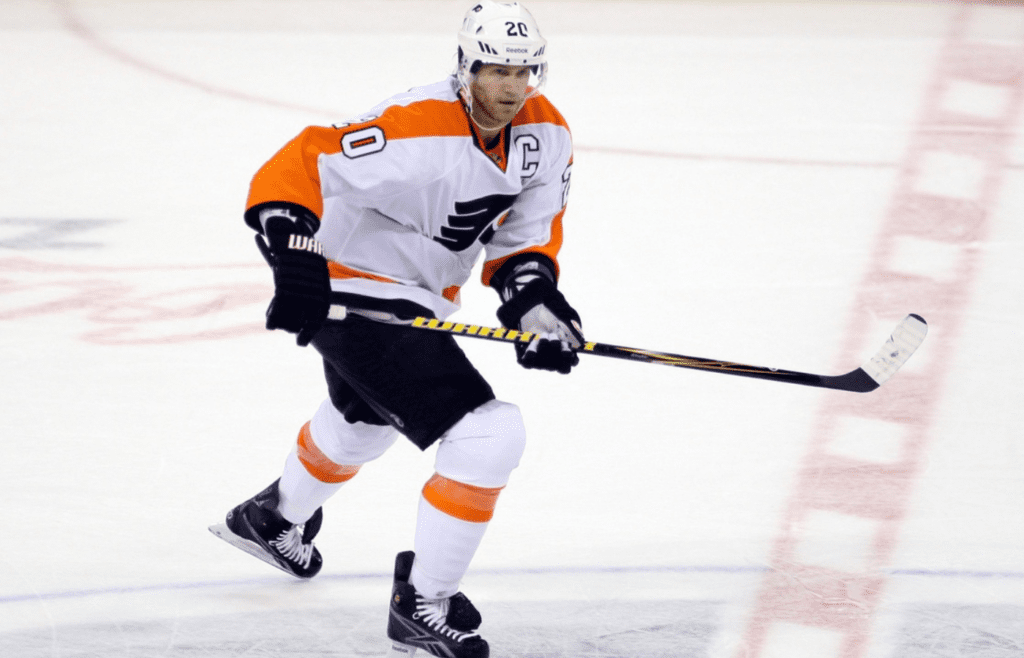 Nov 19, 2011; Winnipeg, MB, CANADA; Philadelphia Flyers defenseman Chris Pronger (20) during the 3rd period against the Winnipeg Jets at the MTS Centre. Winnipeg wins 6-4. Mandatory Credit: Bruce Fedyck-Imagn Images