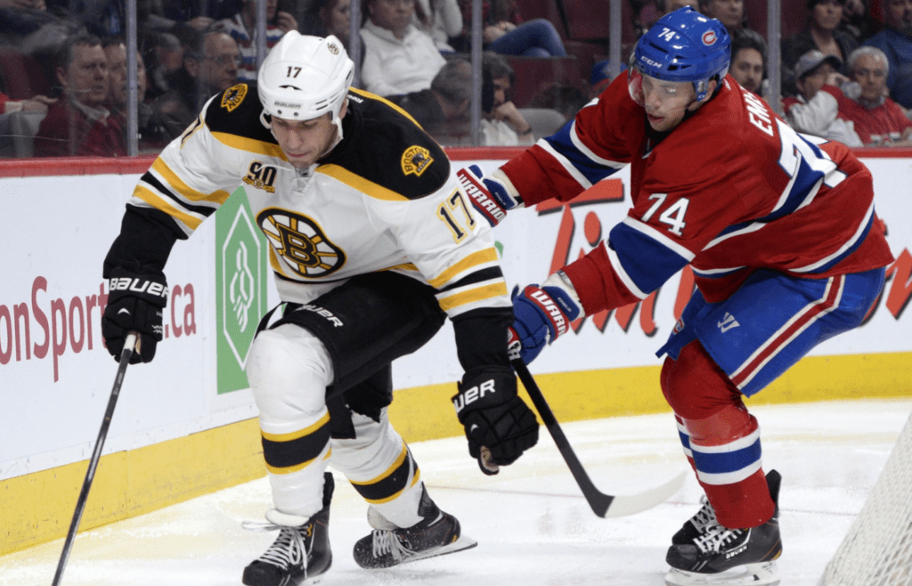 Mar 12, 2014; Montreal, Quebec, CAN; Boston Bruins forward Milan Lucic (17) skates with the puck as Montreal Canadiens defenseman Alexei Emelin (74) chases during the third period at the Bell Centre. Mandatory Credit: Eric Bolte-Imagn Images