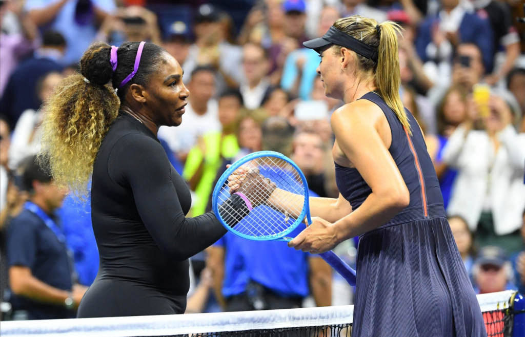 Aug 26, 2019; Flushing, NY, USA; Serena Williams of the USA shakes hands with Maria Sharapova of Russia after their first round match on day one of the 2019 U.S. Open tennis tournament at USTA Billie Jean King National Tennis Center. Mandatory Credit: Robert Deutsch-Imagn Images
