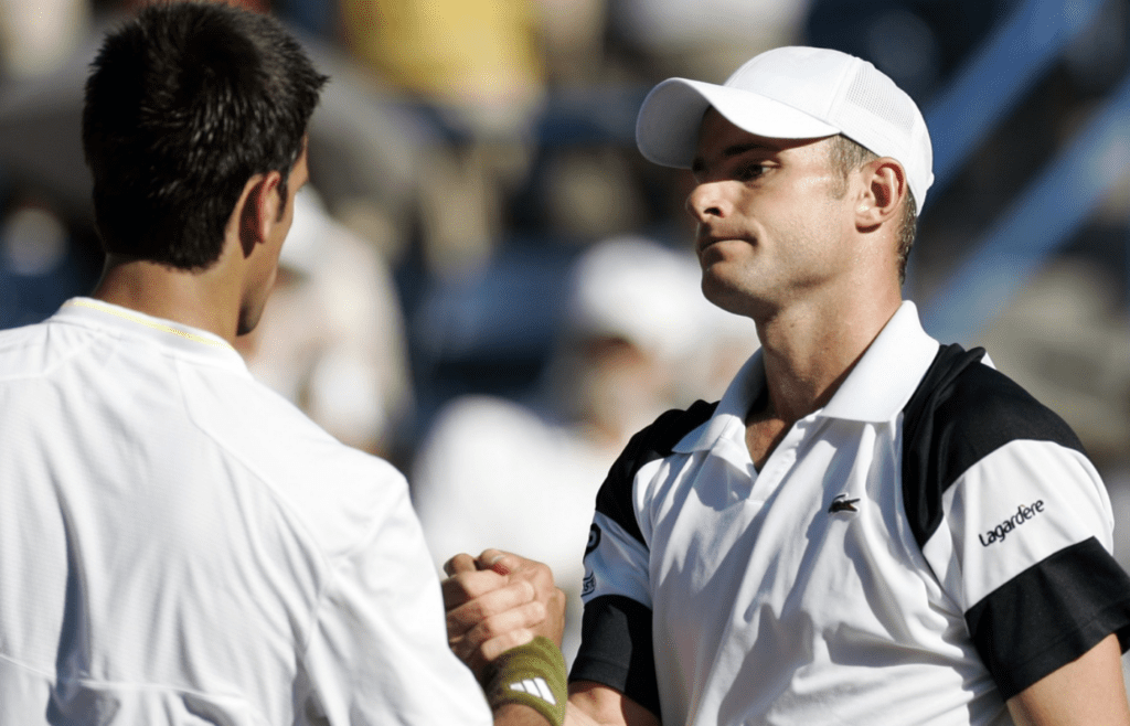 Mar 20, 2009; Indian Wells, CA, USA; Andy Roddick (USA), right, shakes hands with Novak Djokovic (SRB) after the quarterfinals of the BNP Paribas Open at the Indian Wells Tennis Garden. Roddick beat Djokovic 6-3, 6-2. Mandatory Credit: Jerry Lai-Imagn Images