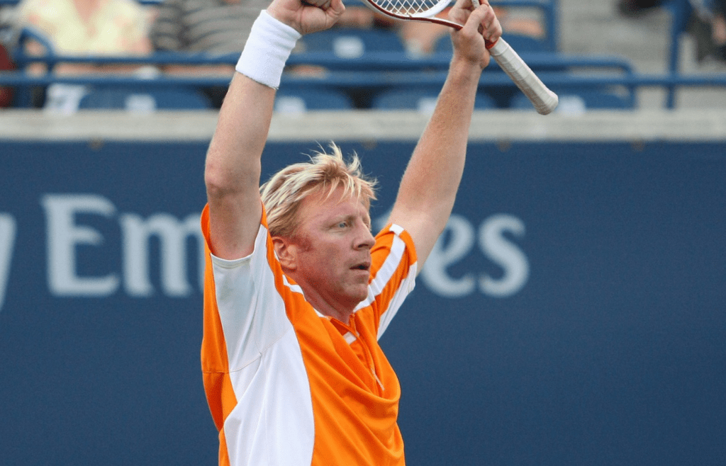 Jul 21, 2008; Toronto, ON, Canada; Boris Becker (GER) celebrates a point against Daniel Nestor (CAN) (not pictured) during their exhibition match during the Rogers Cup at the Rexall Centre in Toronto, ON. Mandatory Credit: Tom Szczerbowski-Imagn Images