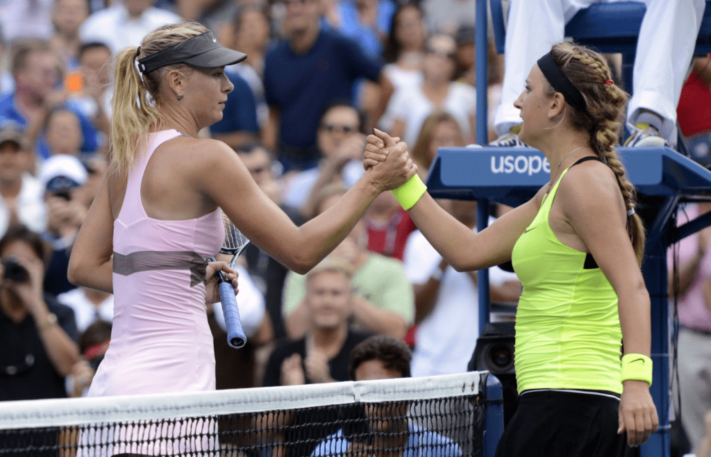 Sep 7, 2012; Queens, NY, USA; Maria Sharapova (RUS), left, shakes hands with Victoria Azarenka (BLR) after their match on day twelve of the 2012 US Open at Billie Jean King National Tennis Center. Azarenka won 3-6, 6-2, 6-4. Mandatory Credit: Jerry Lai-Imagn Images