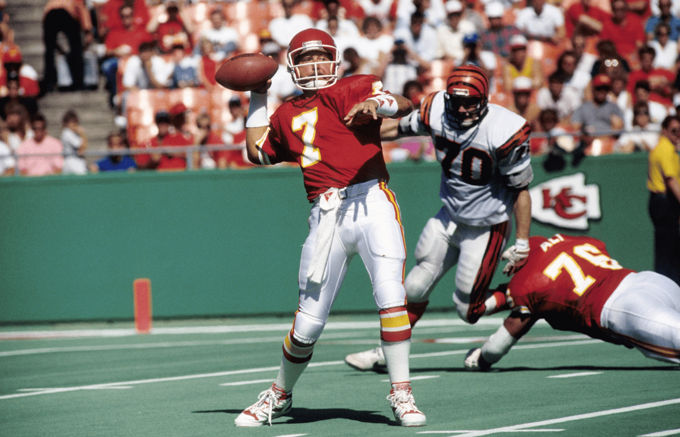 Oct 1,1989; Kansas City, KS, USA FILE PHOTO; Kansas City Chiefs quarterback Ron Jaworski (7) looks to throw against the Cincinnati Bengals at Arrowhead Stadium. Mandatory Credit Herb Weitman-Imagn Images
